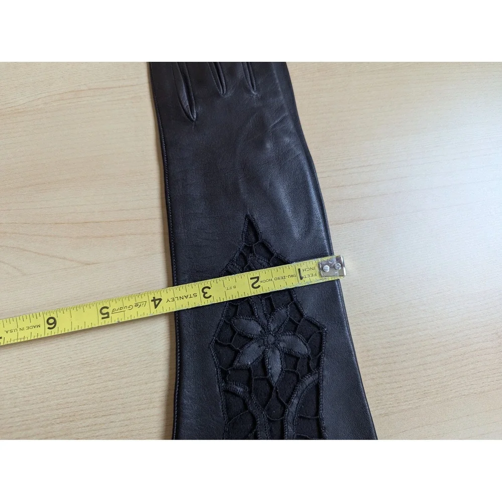 Vintage Black Leather Opera Length Gloves Floral Lace Cutout Unlined Evening